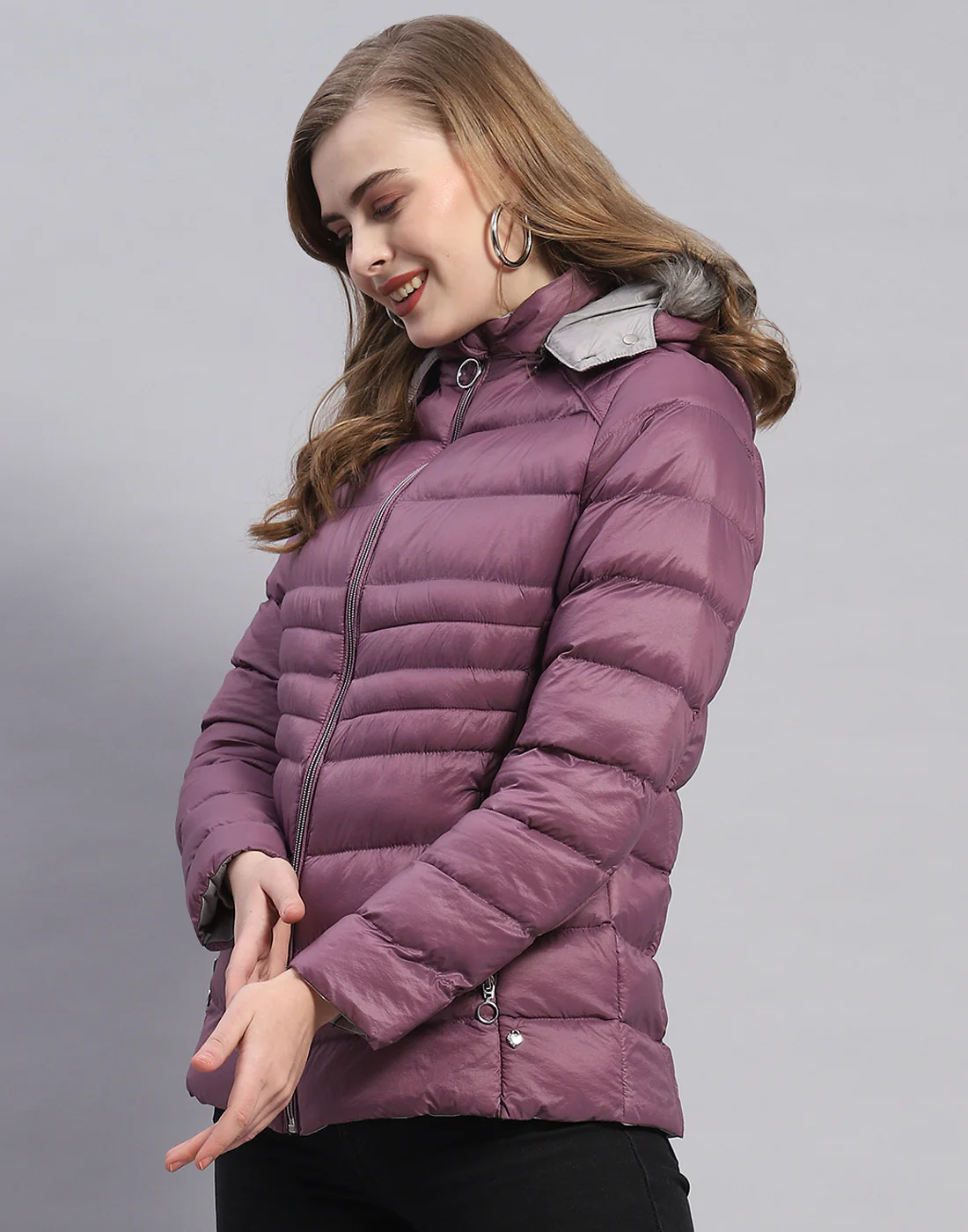 Women Purple Solid Hooded Full Sleeve Jacket - Image 3