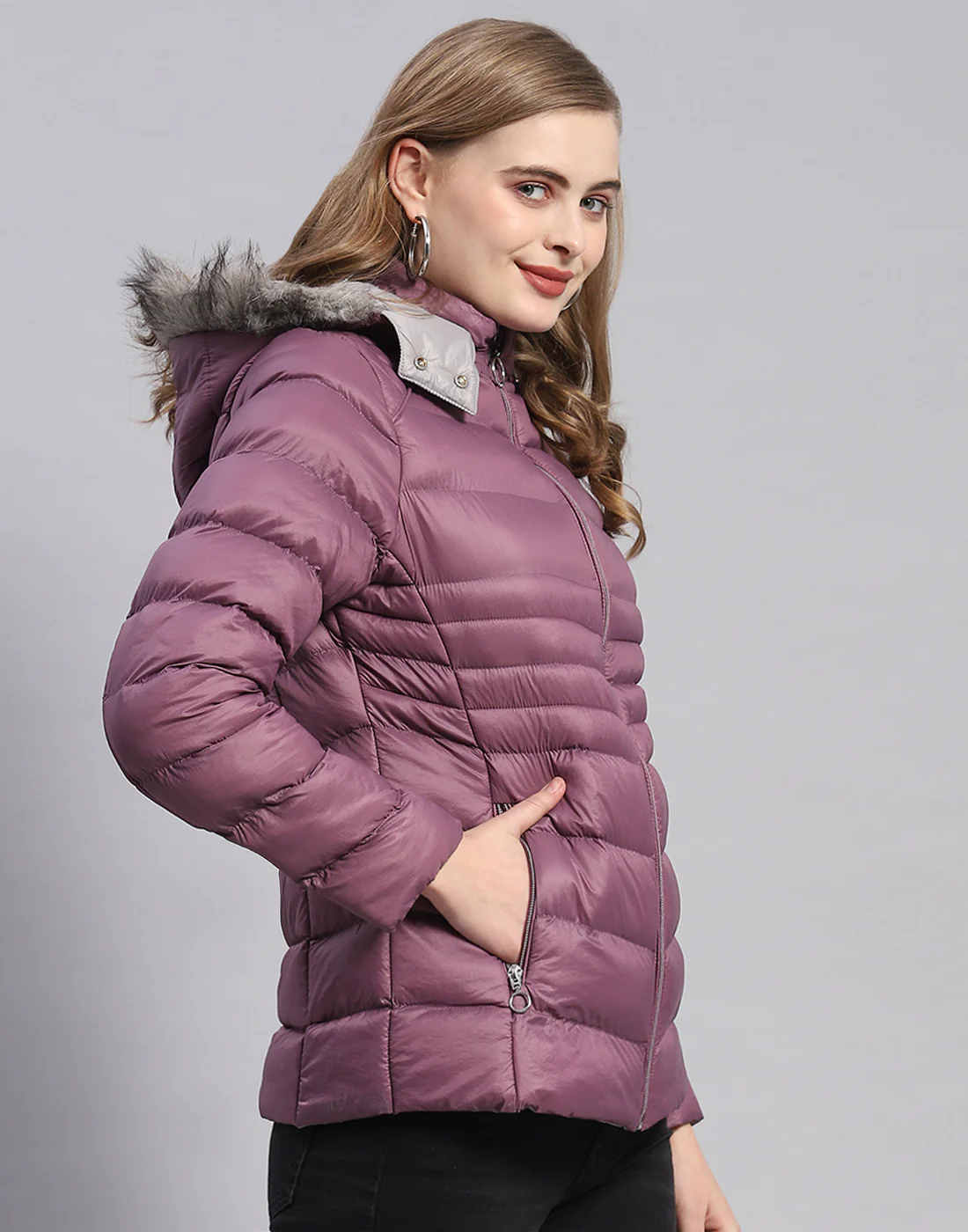 Women Purple Solid Hooded Full Sleeve Jacket - Image 4