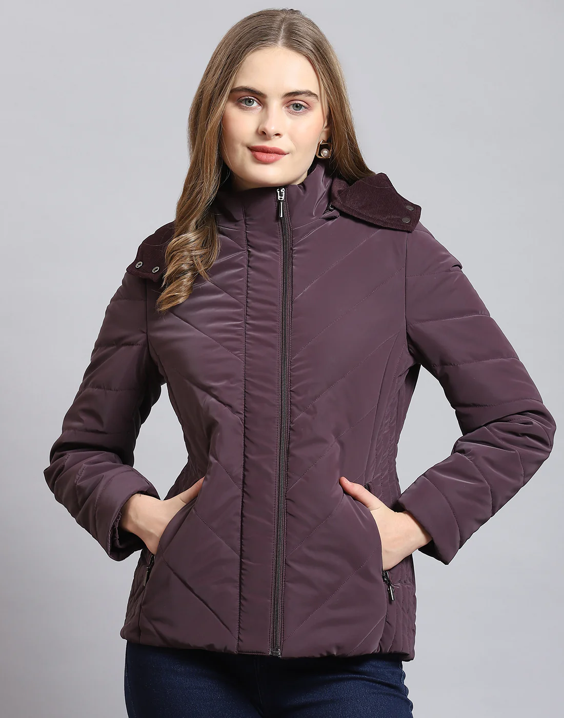 Women Purple Solid Hooded Full Sleeve Jacket - Image 2