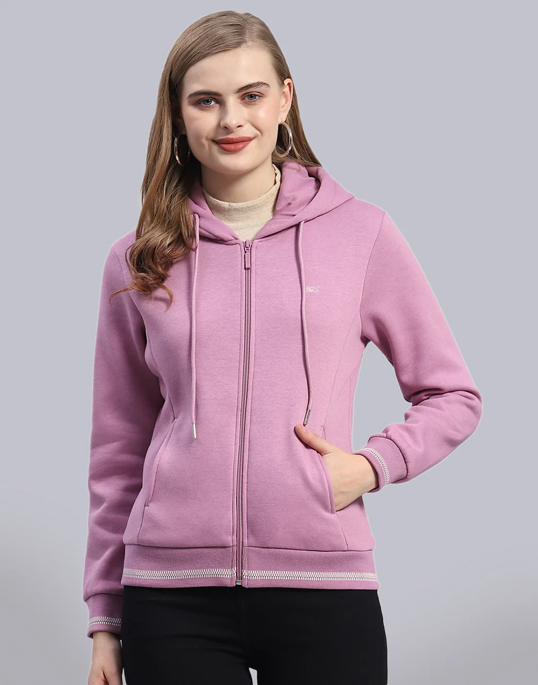 Women Purple Solid Hooded Full Sleeve Sweatshirt - Image 2