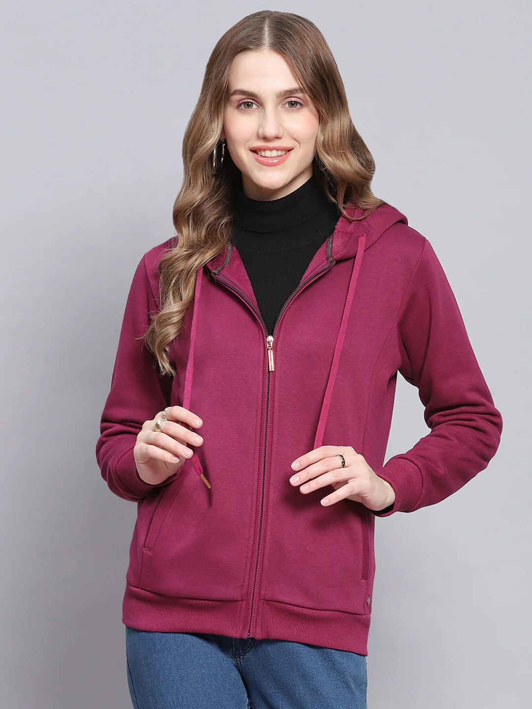 Women Purple Solid Hooded Full Sleeve Sweatshirts - Image 2