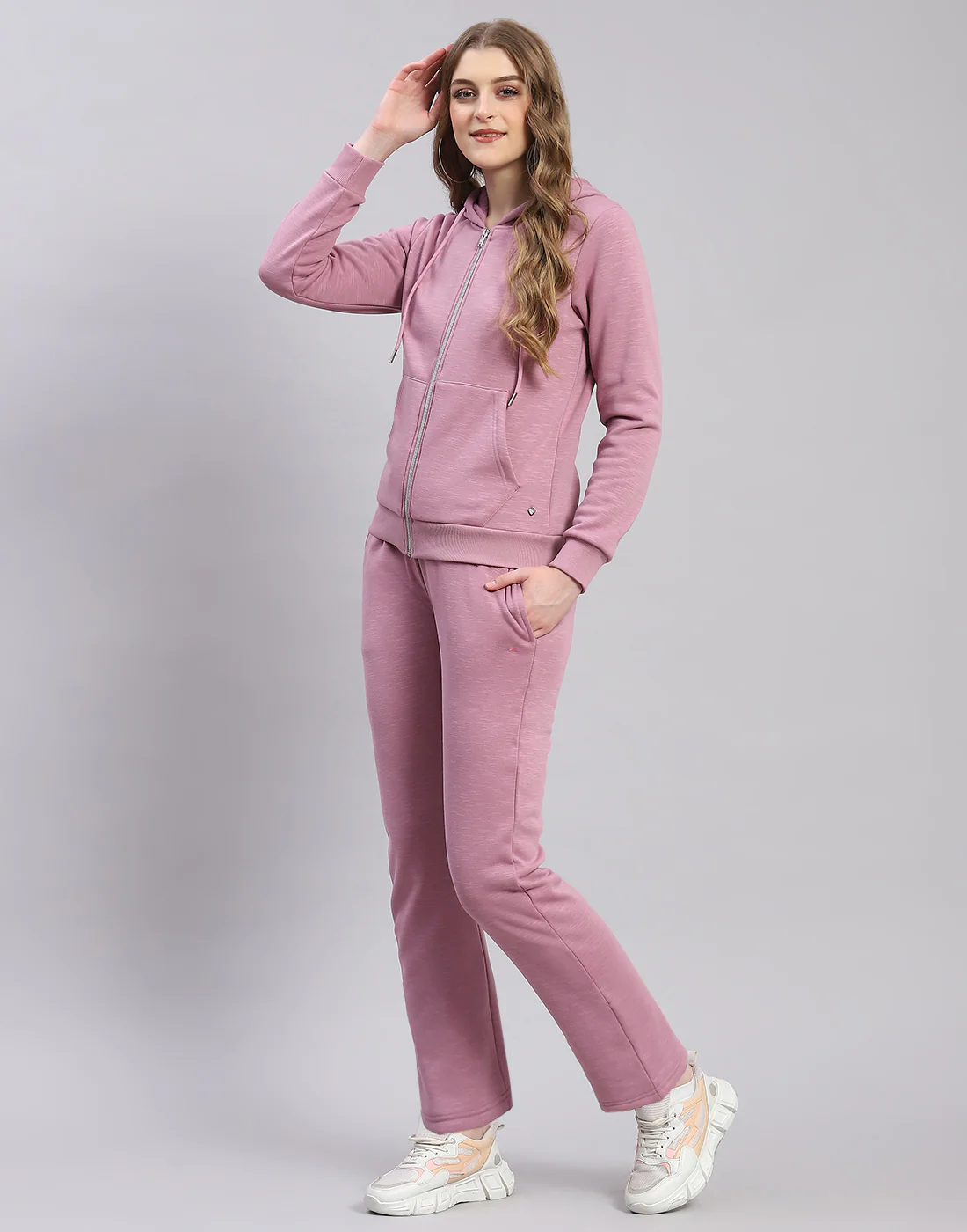Women Purple Solid Hooded Full Sleeve Tracksuit - Image 3
