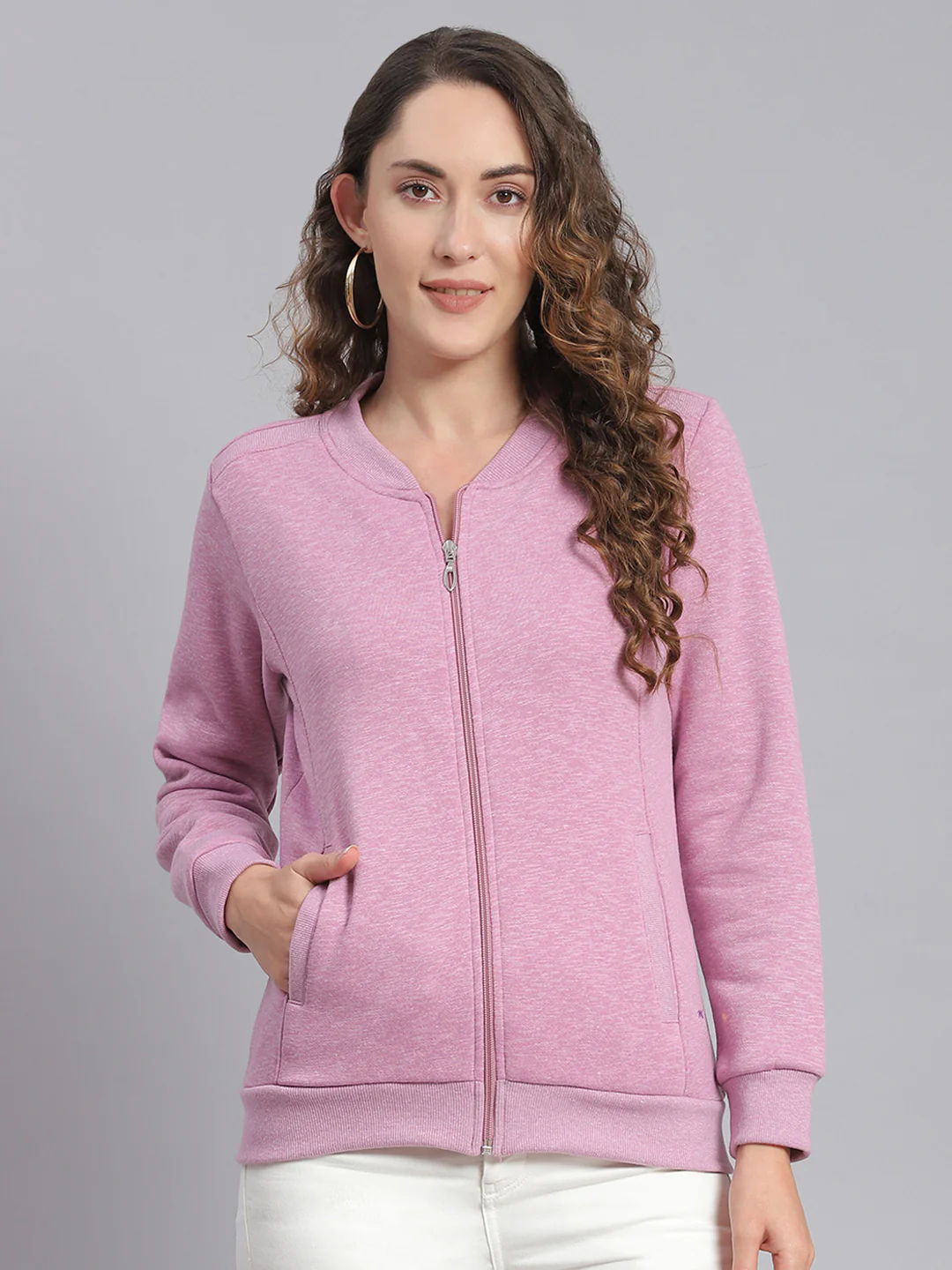 Women Purple Solid Mandarin Collar Full Sleeve Sweatshirts - Image 3