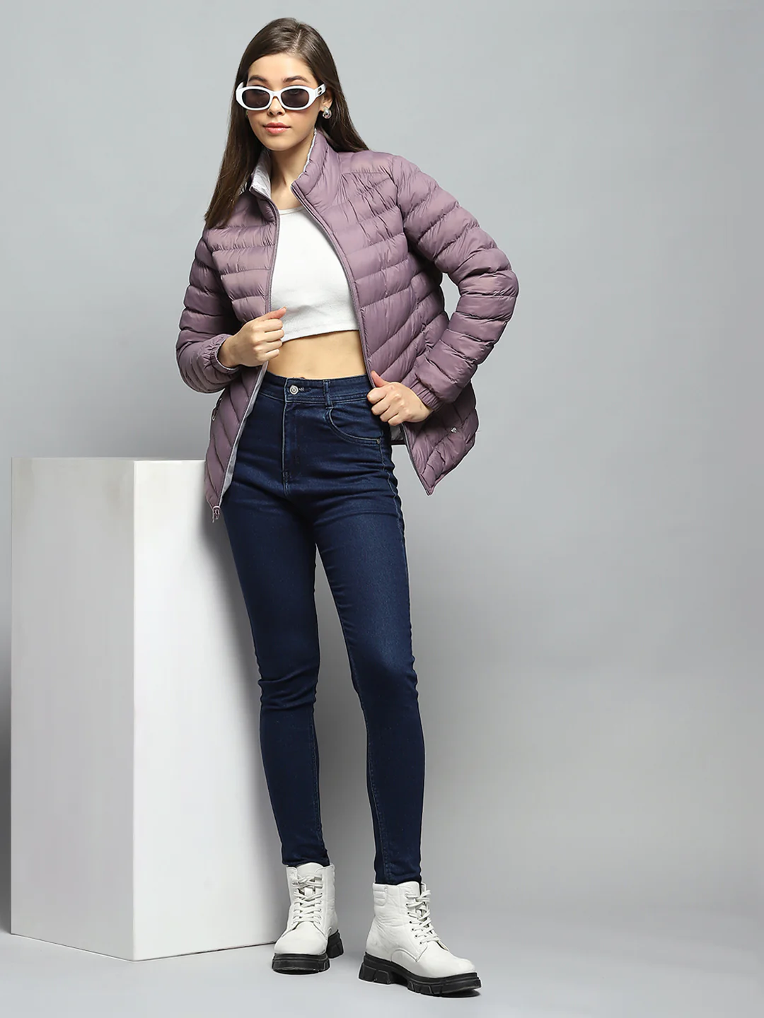 Women Purple Solid Mock Neck Full Sleeve Reversible Jacket - Image 2