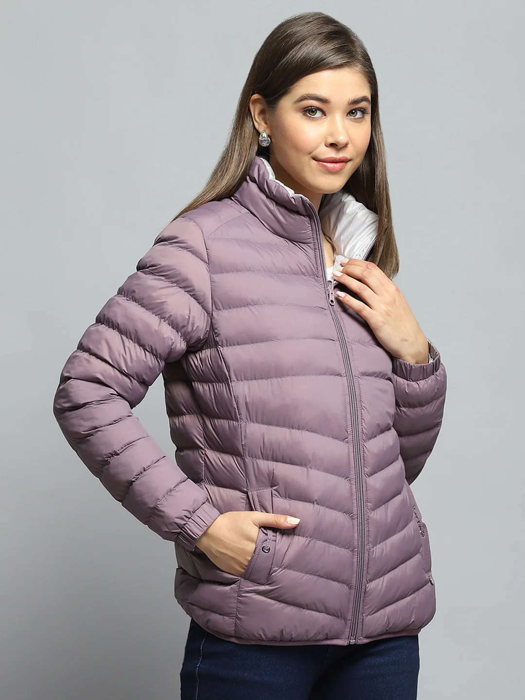 Women Purple Solid Mock Neck Full Sleeve Reversible Jacket - Image 4