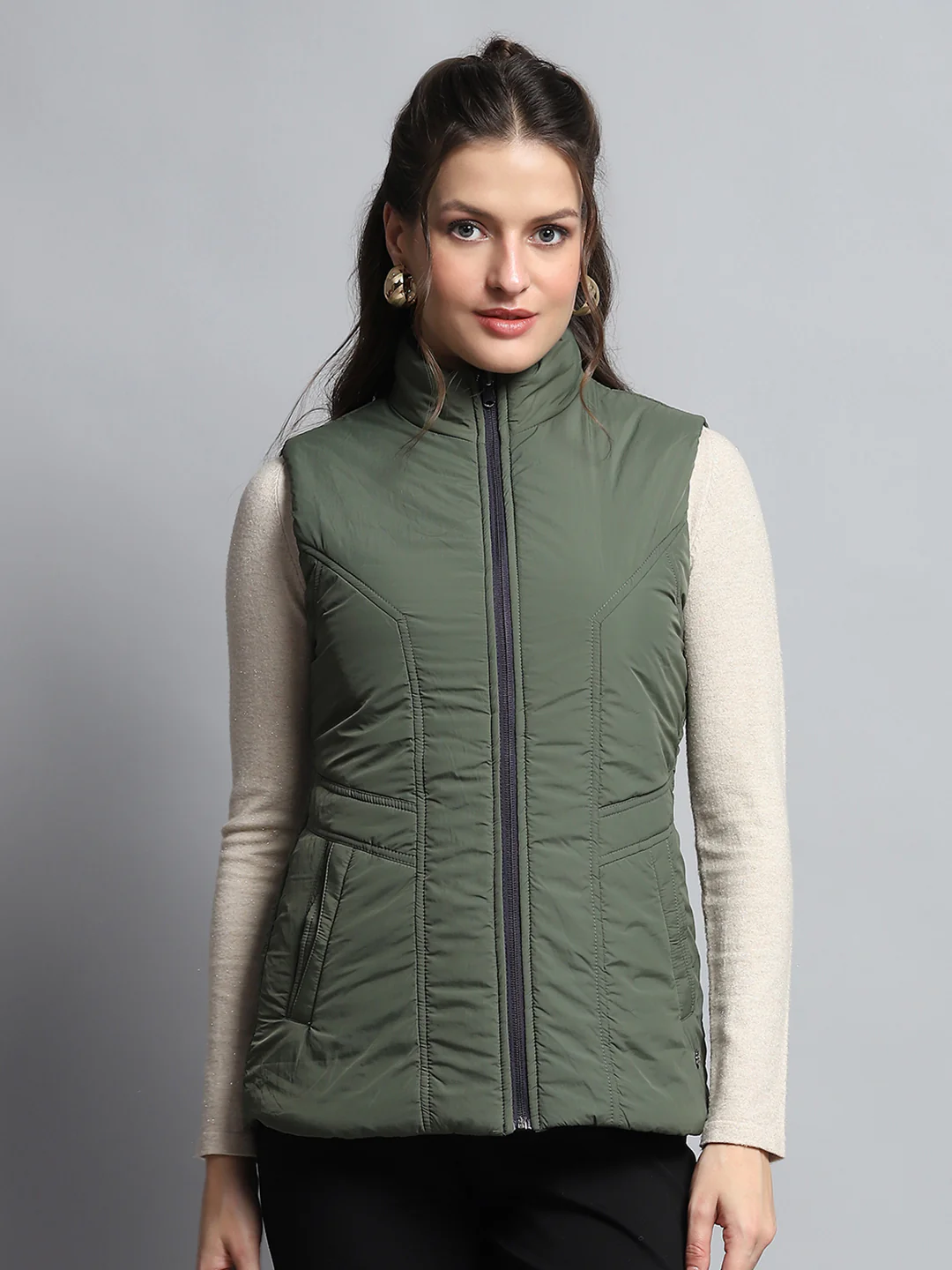 Women Purple Solid Mock Neck Sleeveless Reversible Jacket - Image 6