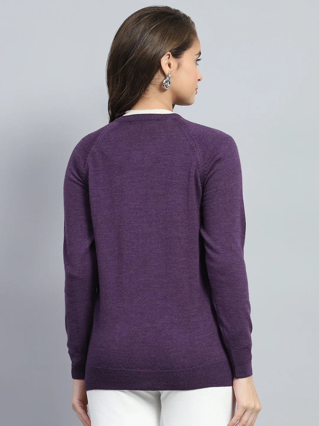 Women Purple Solid Round Neck Full Sleeve Cardigan - Image 5