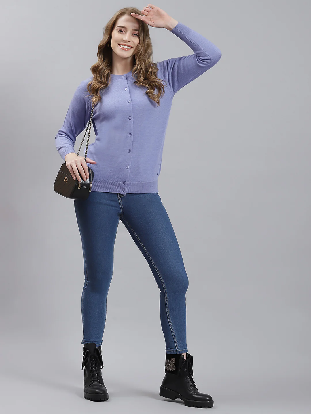 Women Purple Solid Round Neck Full Sleeve Cardigan - Image 2