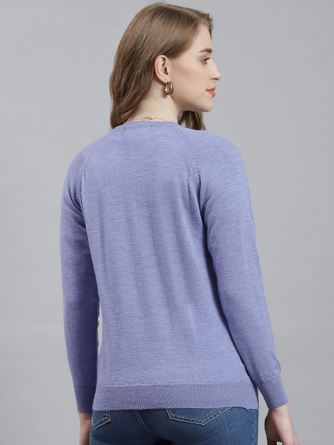 Women Purple Solid Round Neck Full Sleeve Cardigan - Image 5