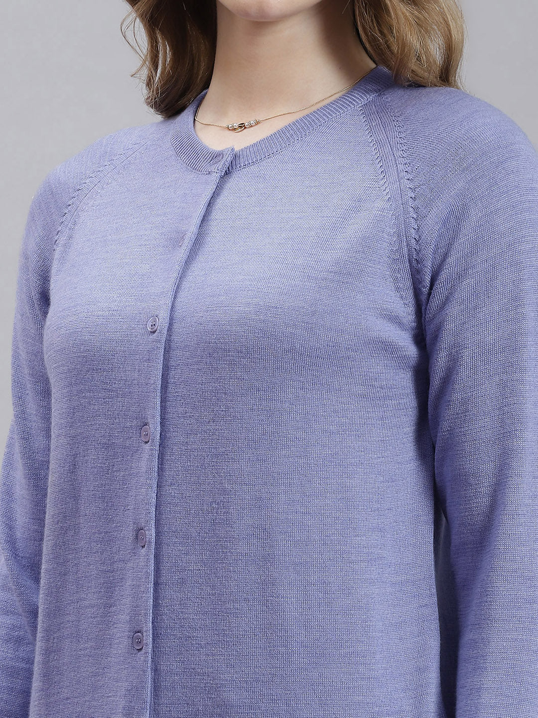 Women Purple Solid Round Neck Full Sleeve Cardigan - Image 6