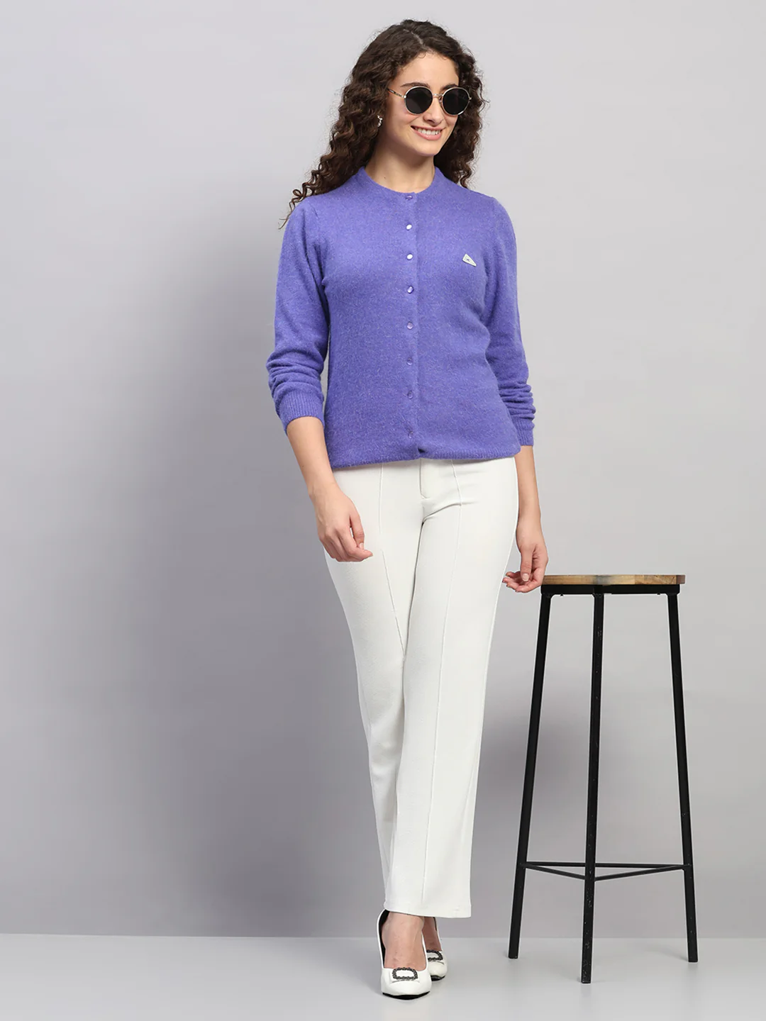 Women Purple Solid Round Neck Full Sleeve Cardigan - Image 2