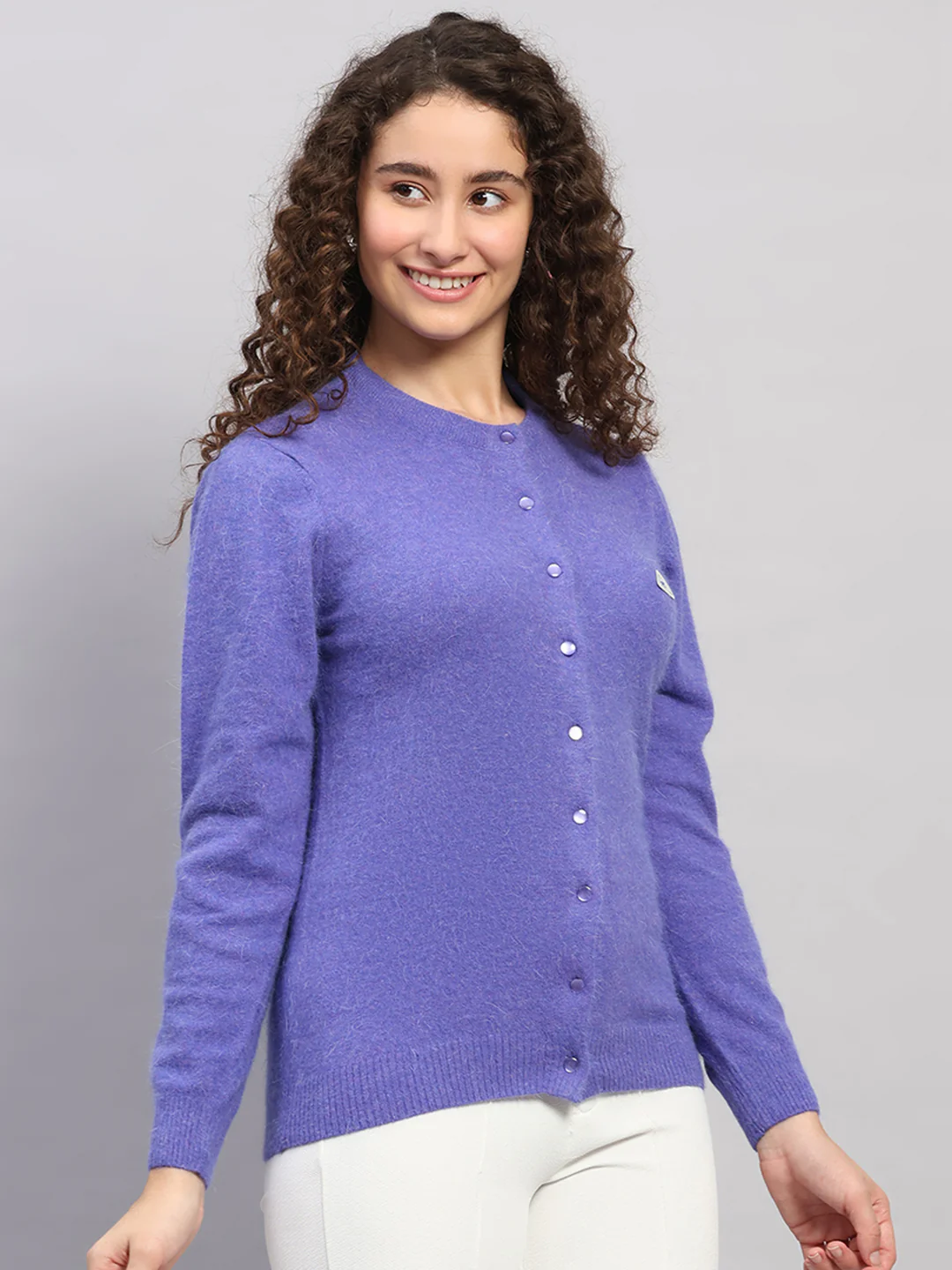 Women Purple Solid Round Neck Full Sleeve Cardigan - Image 4