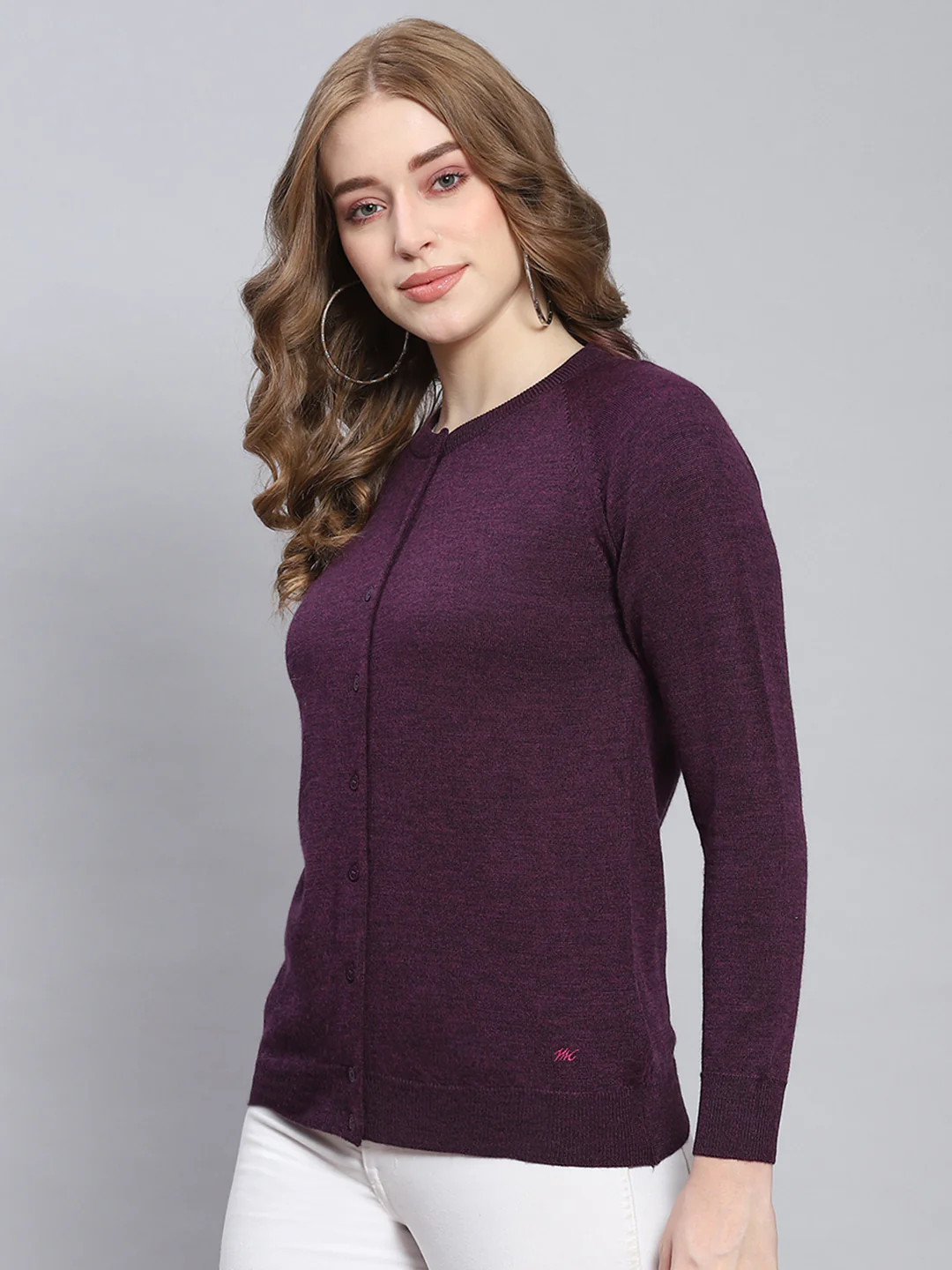 Women Purple Solid Round Neck Full Sleeve Cardigans - Image 3