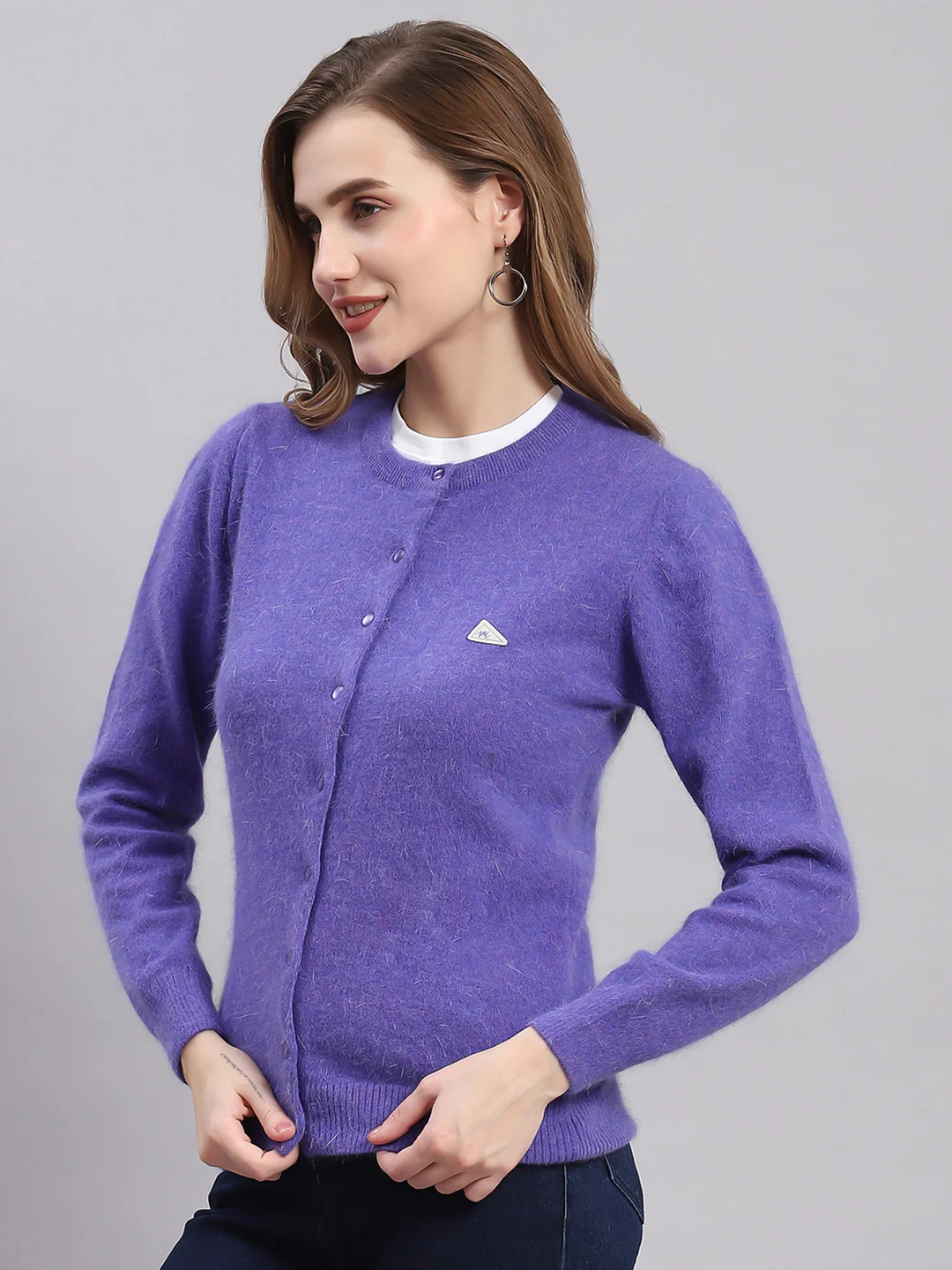 Women Purple Solid Round Neck Full Sleeve Cardigans - Image 4