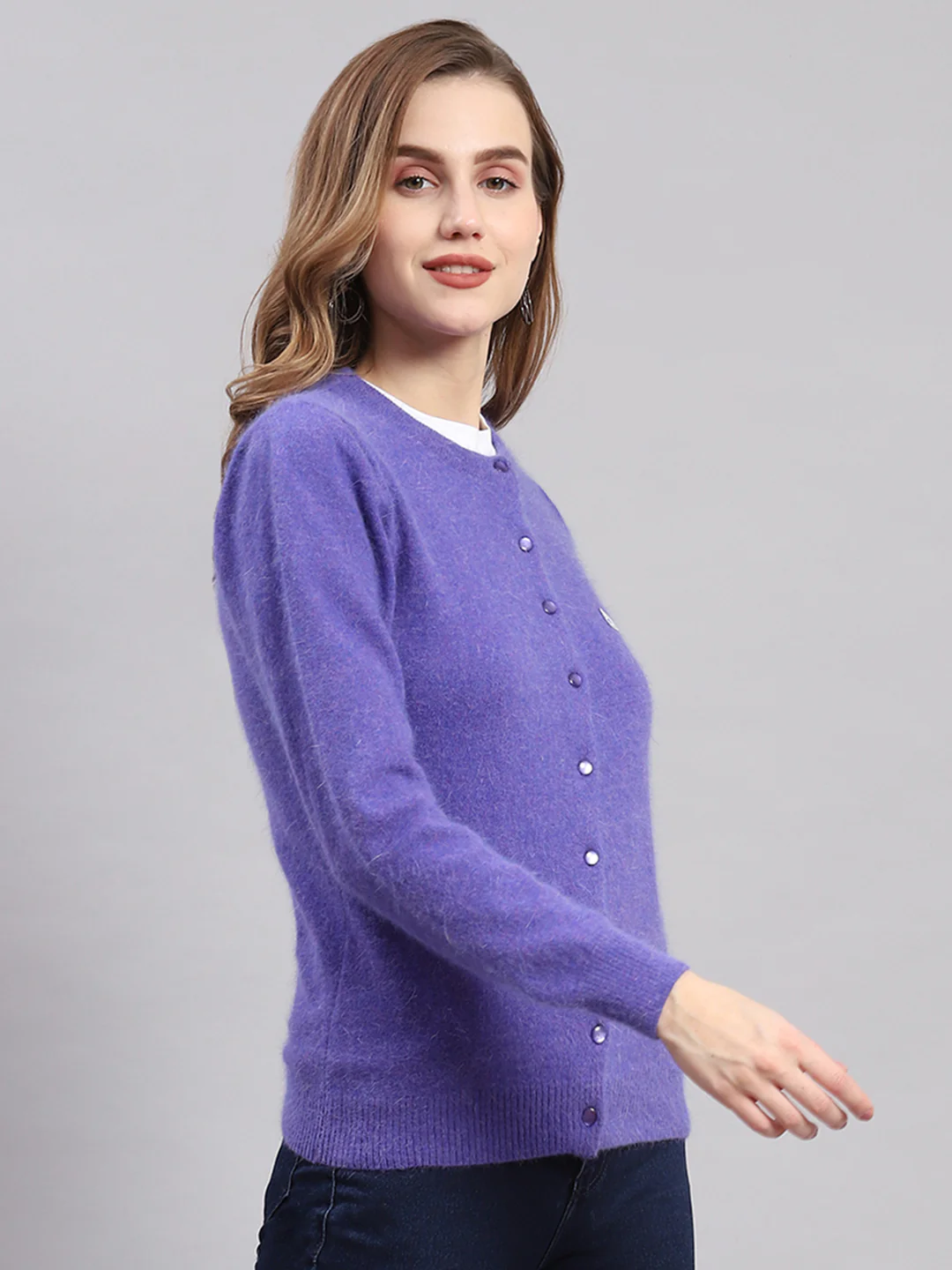 Women Purple Solid Round Neck Full Sleeve Cardigans - Image 5