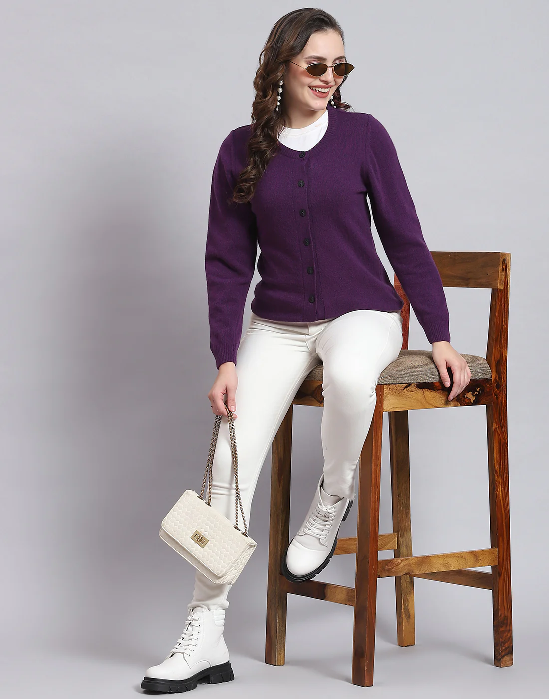 Women Purple Solid Round Neck Full Sleeve Sweater - Image 2