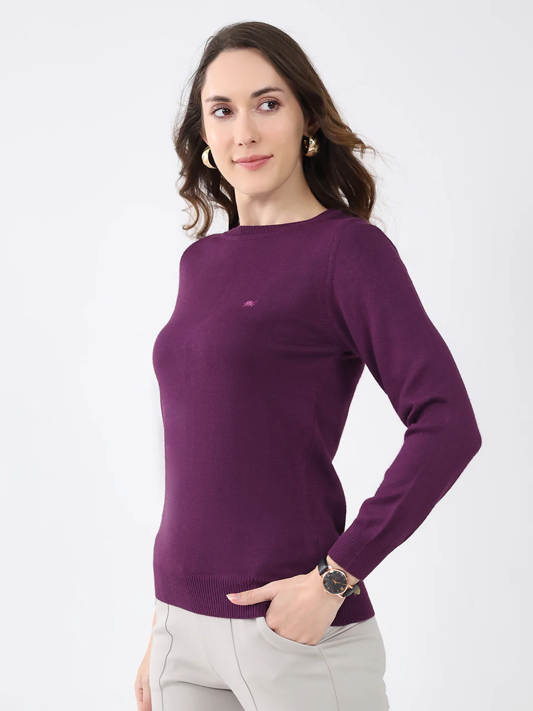 Women Purple Solid Round Neck Full Sleeve Winter Top - Image 3