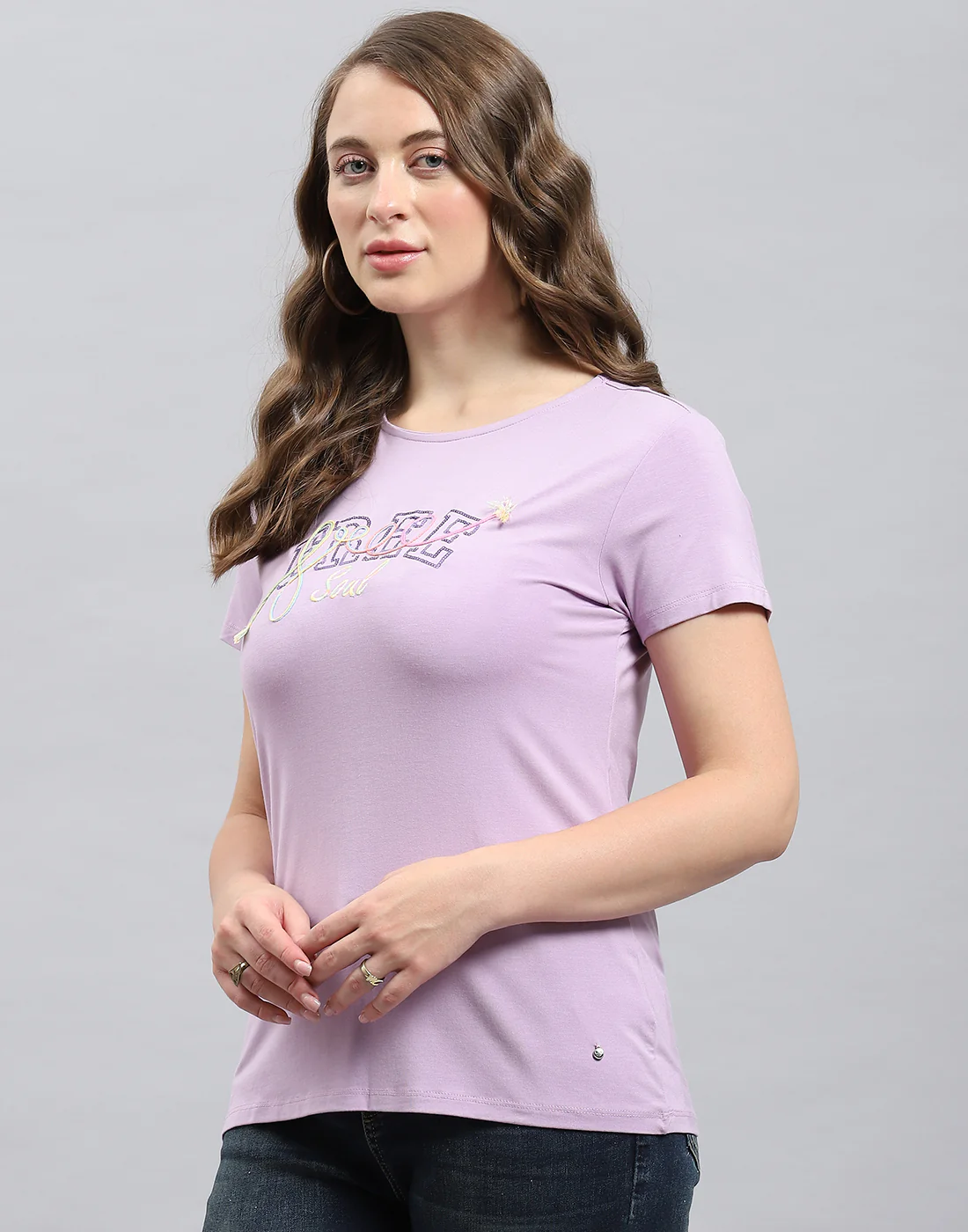Women Purple Solid Round Neck Half Sleeve Top - Image 3