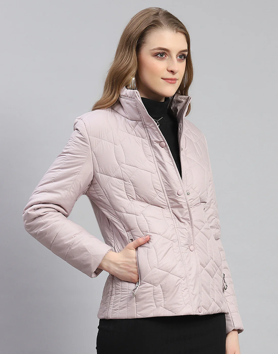 Women Purple Solid Stand Collar Full Sleeve Jacket - Image 4