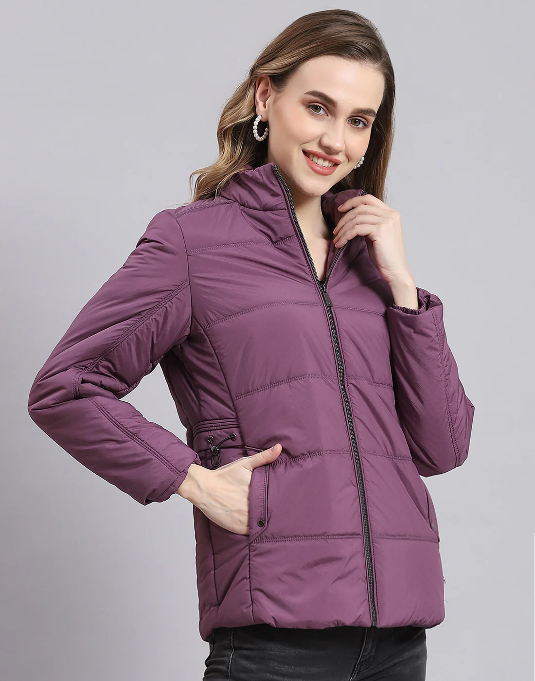 Women Purple Solid Stand Collar Full Sleeve Jacket - Image 4