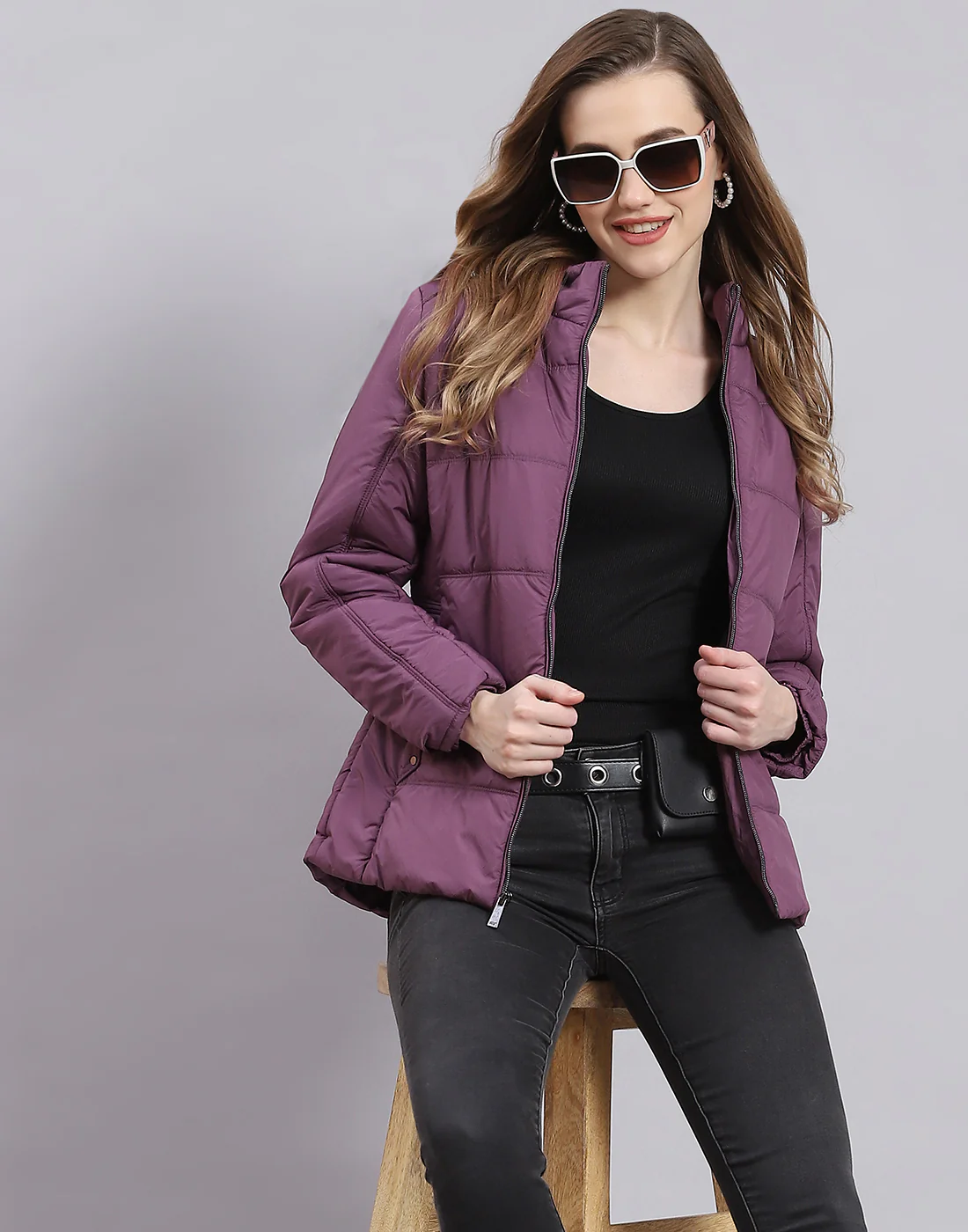 Women Purple Solid Stand Collar Full Sleeve Jacket - Image 6