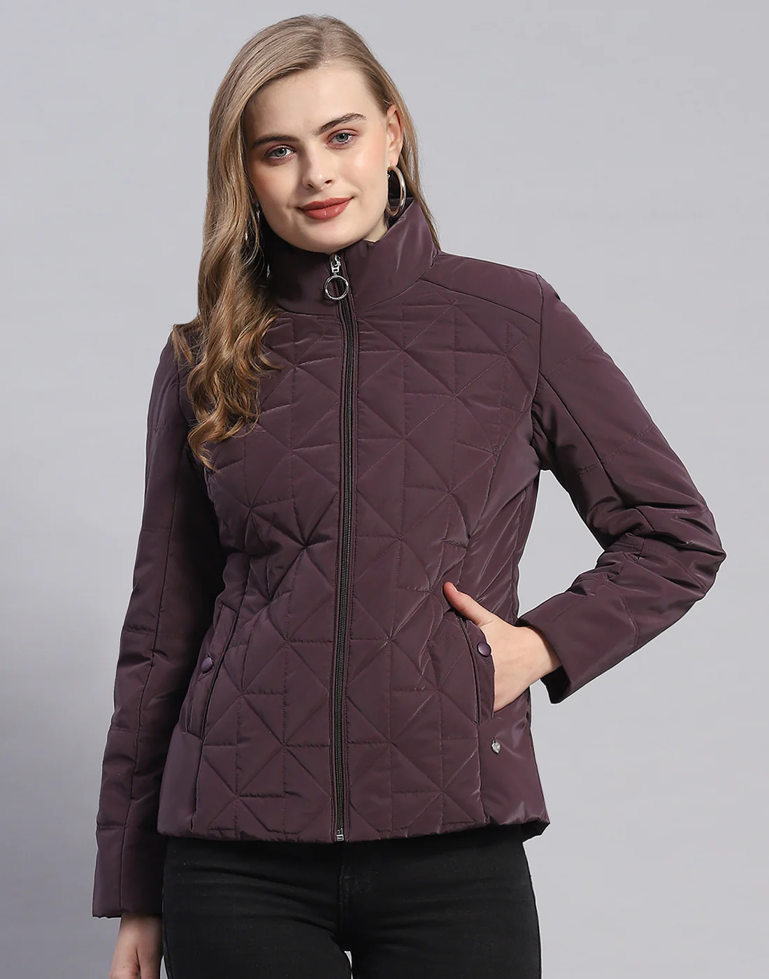Women Purple Solid Stand Collar Full Sleeve Jacket - Image 2