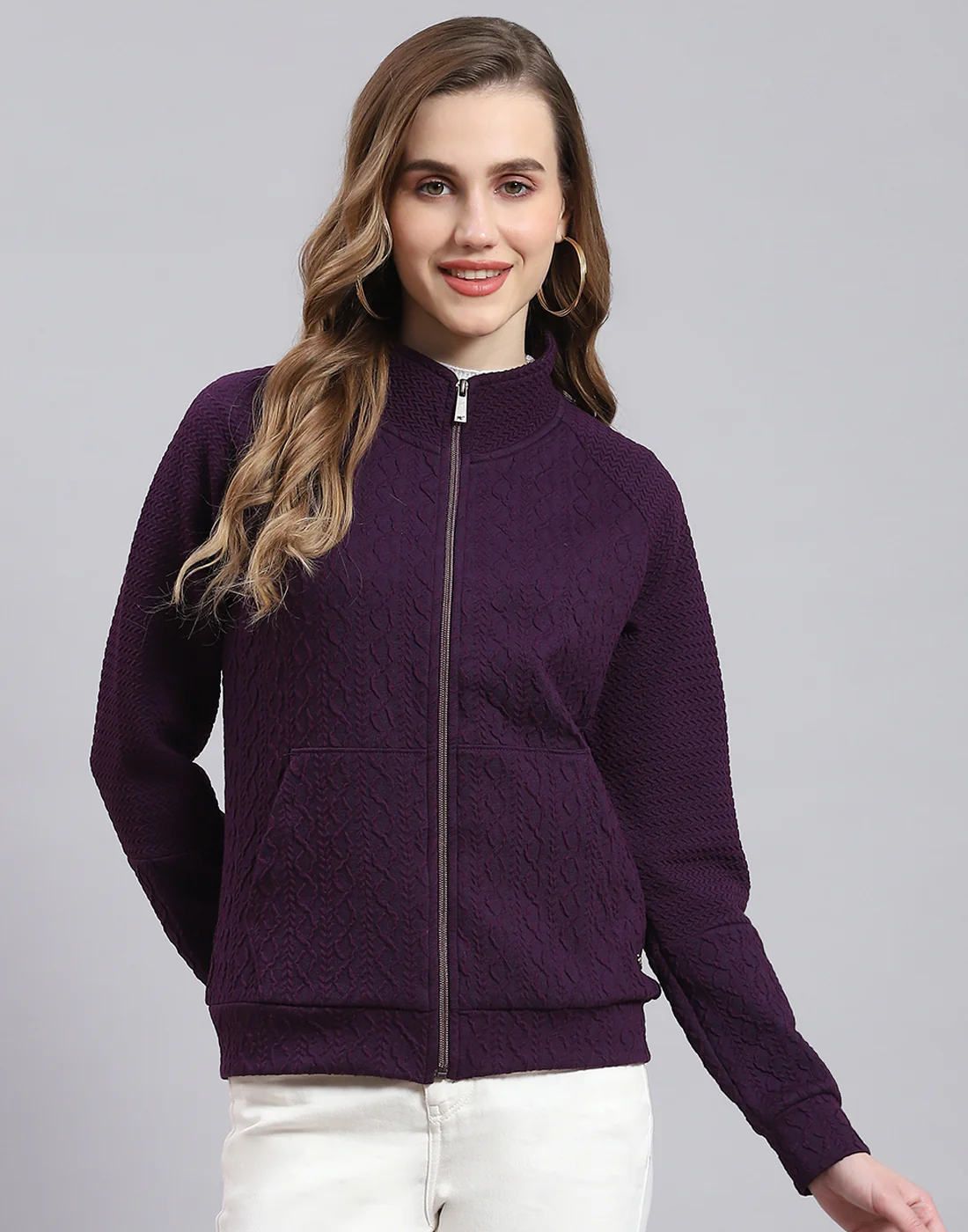 Women Purple Solid Stand Collar Full Sleeve Sweatshirt - Image 2