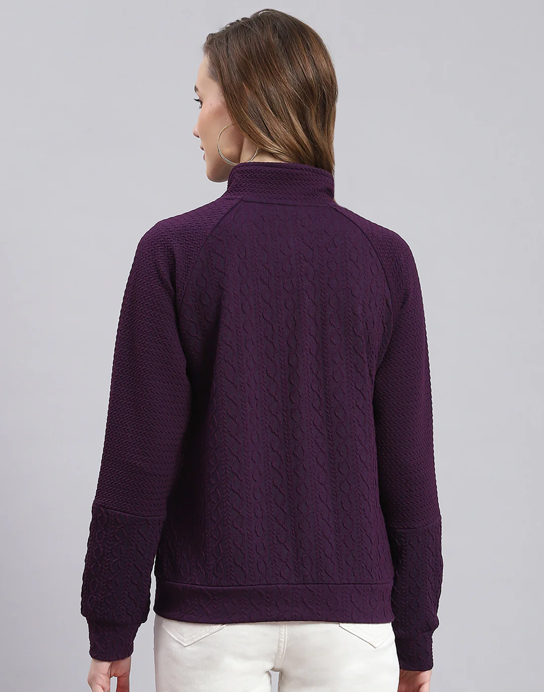 Women Purple Solid Stand Collar Full Sleeve Sweatshirt - Image 5
