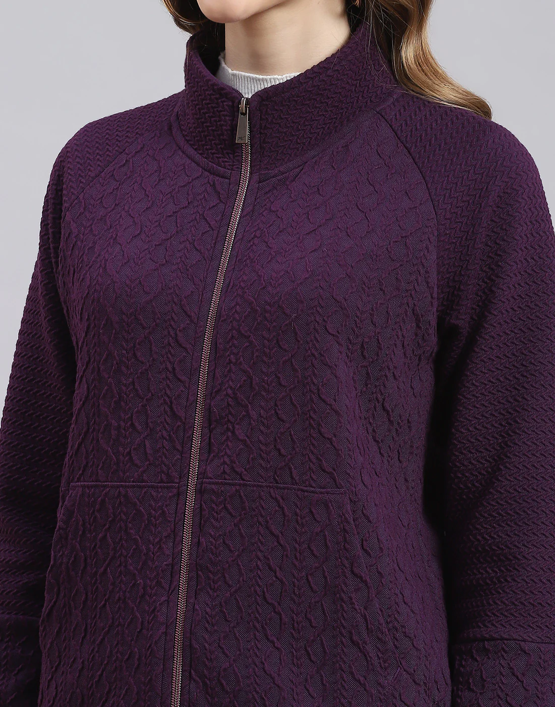 Women Purple Solid Stand Collar Full Sleeve Sweatshirt - Image 7