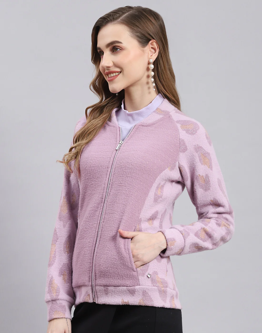 Women Purple Solid Stand Collar Full Sleeve Sweatshirt - Image 3