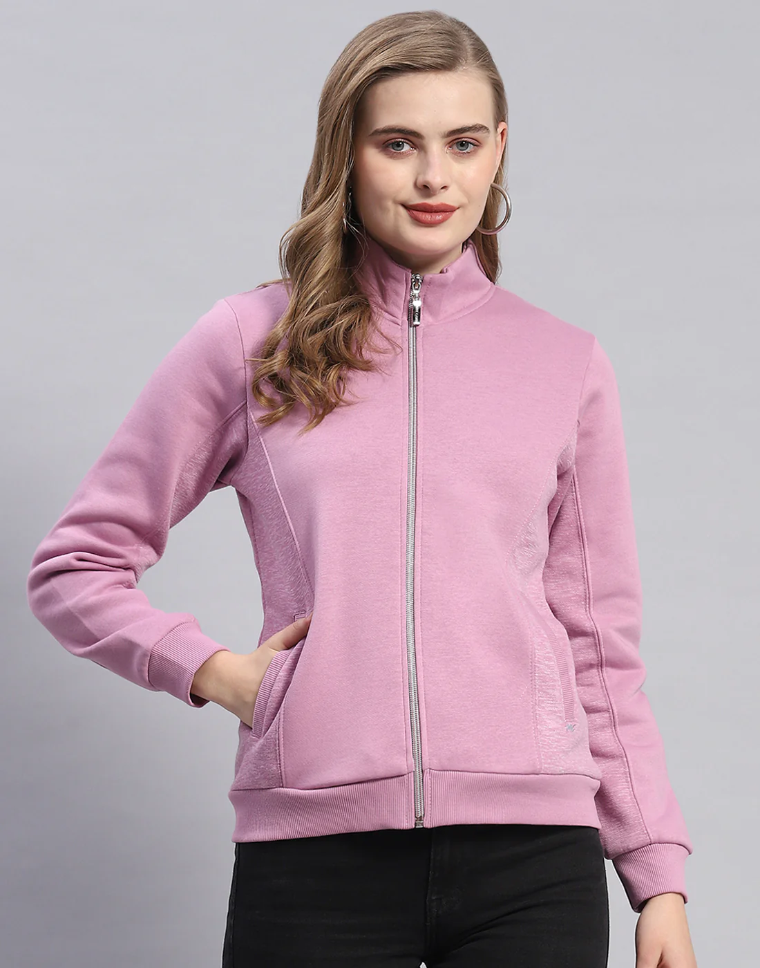 Women Purple Solid Stand Collar Full Sleeve Sweatshirt - Image 2