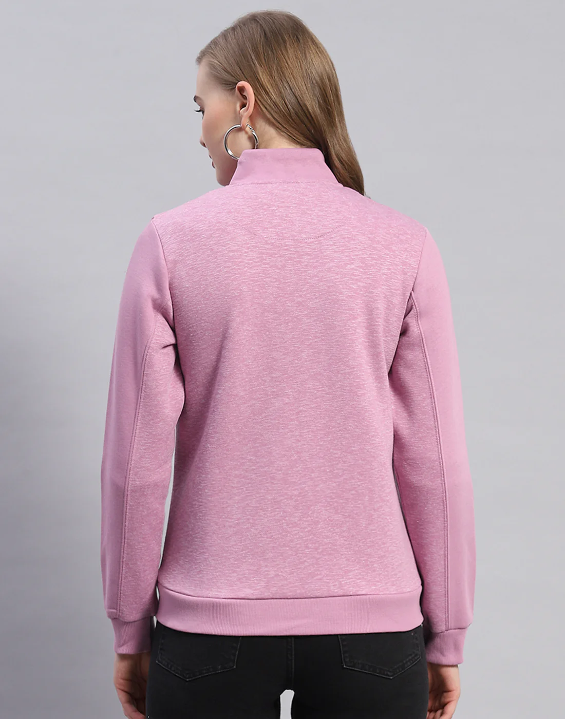 Women Purple Solid Stand Collar Full Sleeve Sweatshirt - Image 5