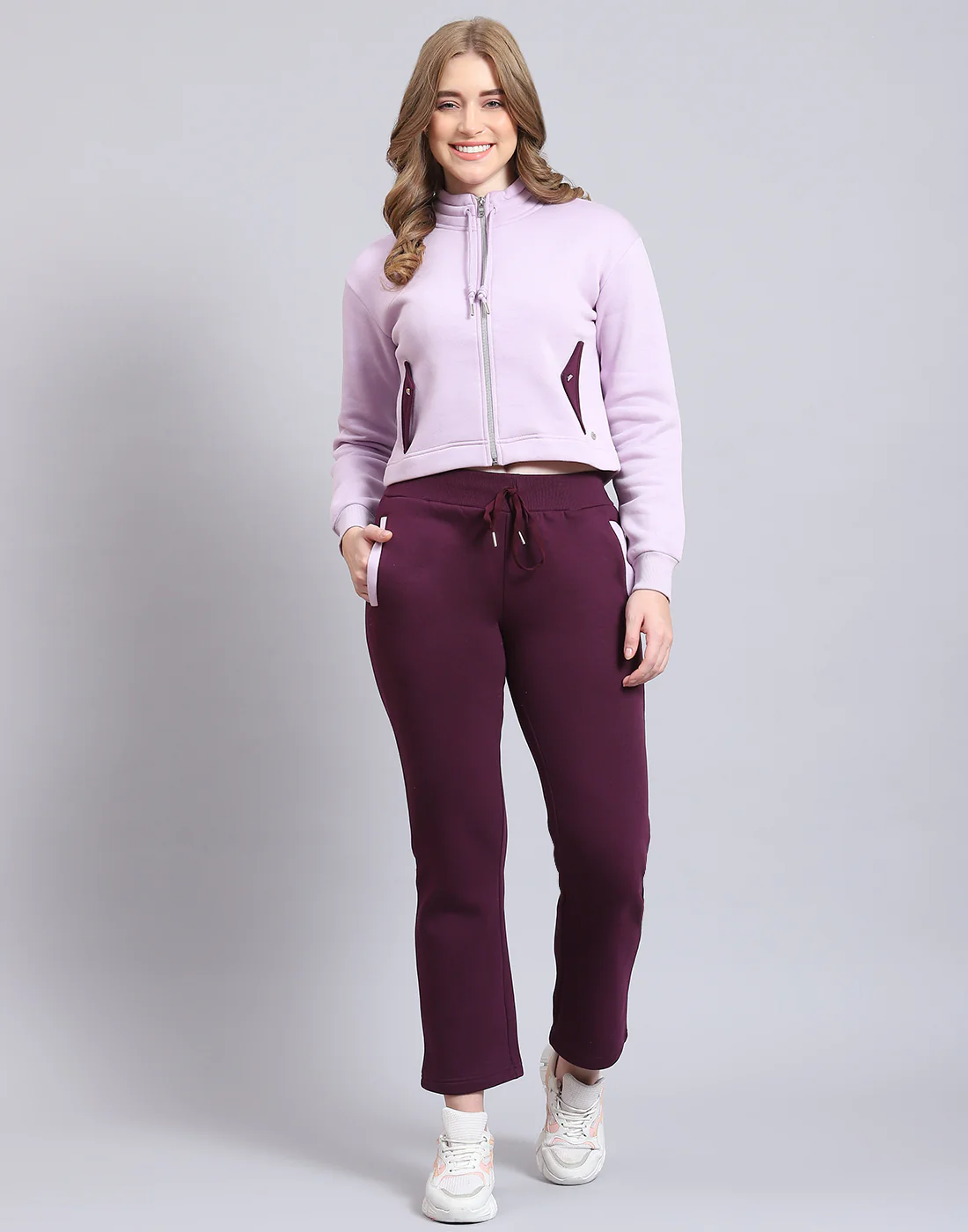 Women Purple Solid Stand Collar Full Sleeve Tracksuit - Image 2