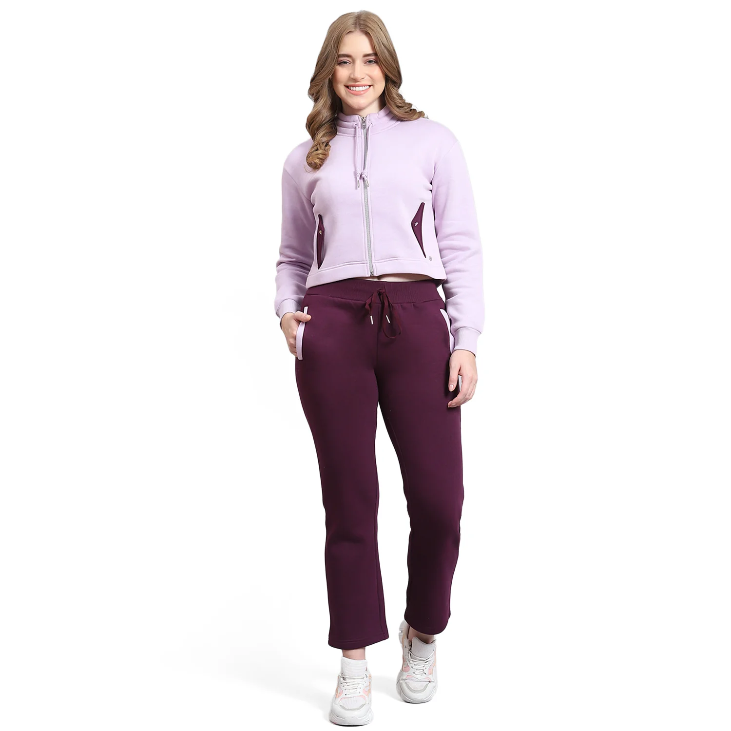 Women Purple Solid Stand Collar Full Sleeve Tracksuit - Image 5