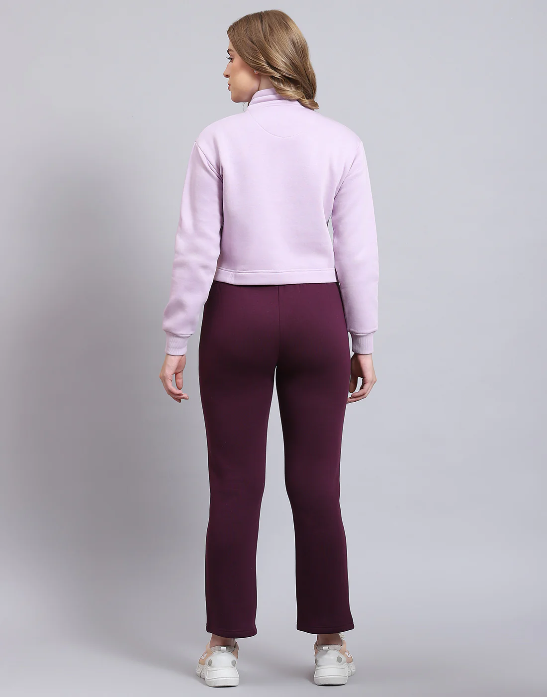 Women Purple Solid Stand Collar Full Sleeve Tracksuit - Image 6
