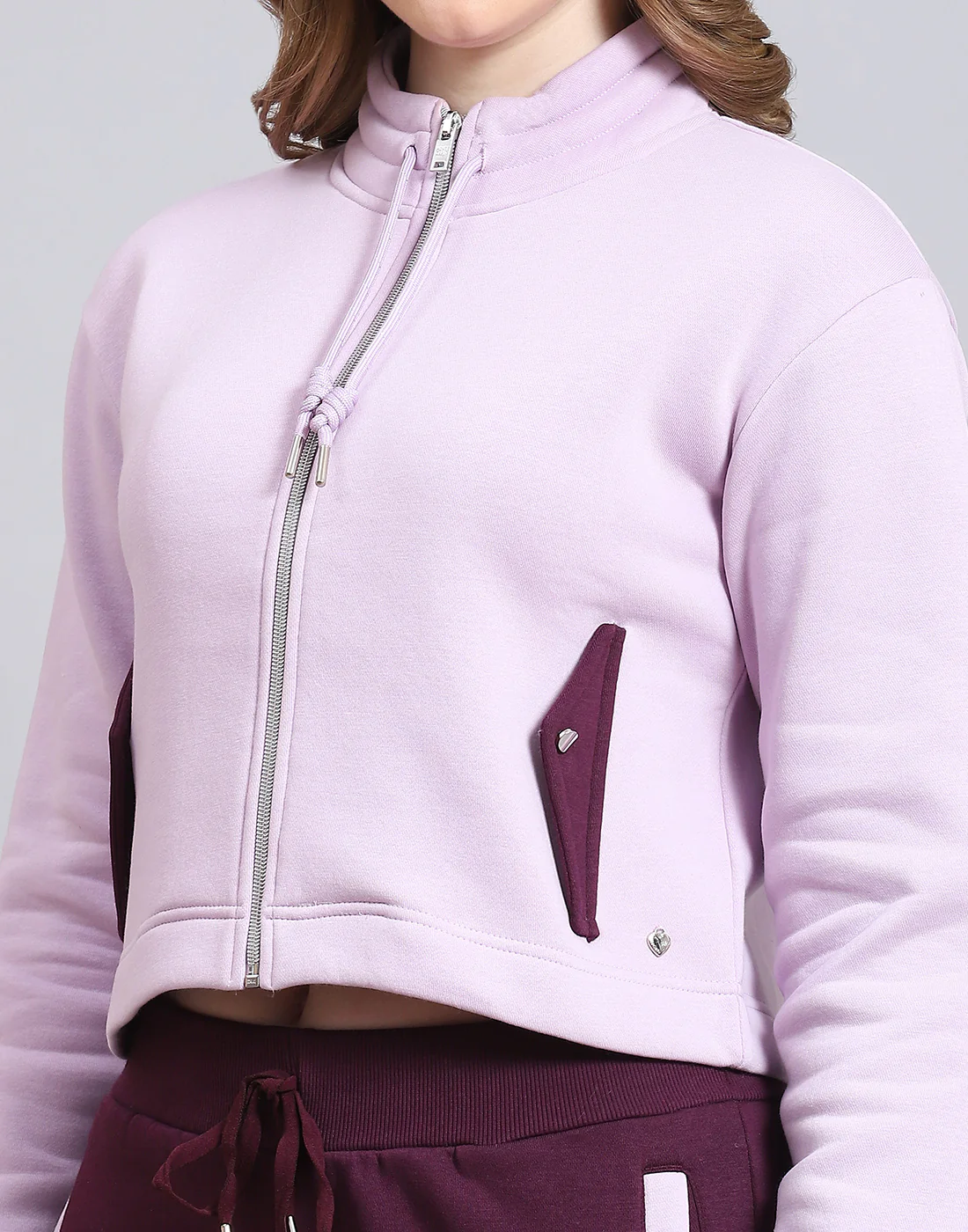 Women Purple Solid Stand Collar Full Sleeve Tracksuit - Image 7
