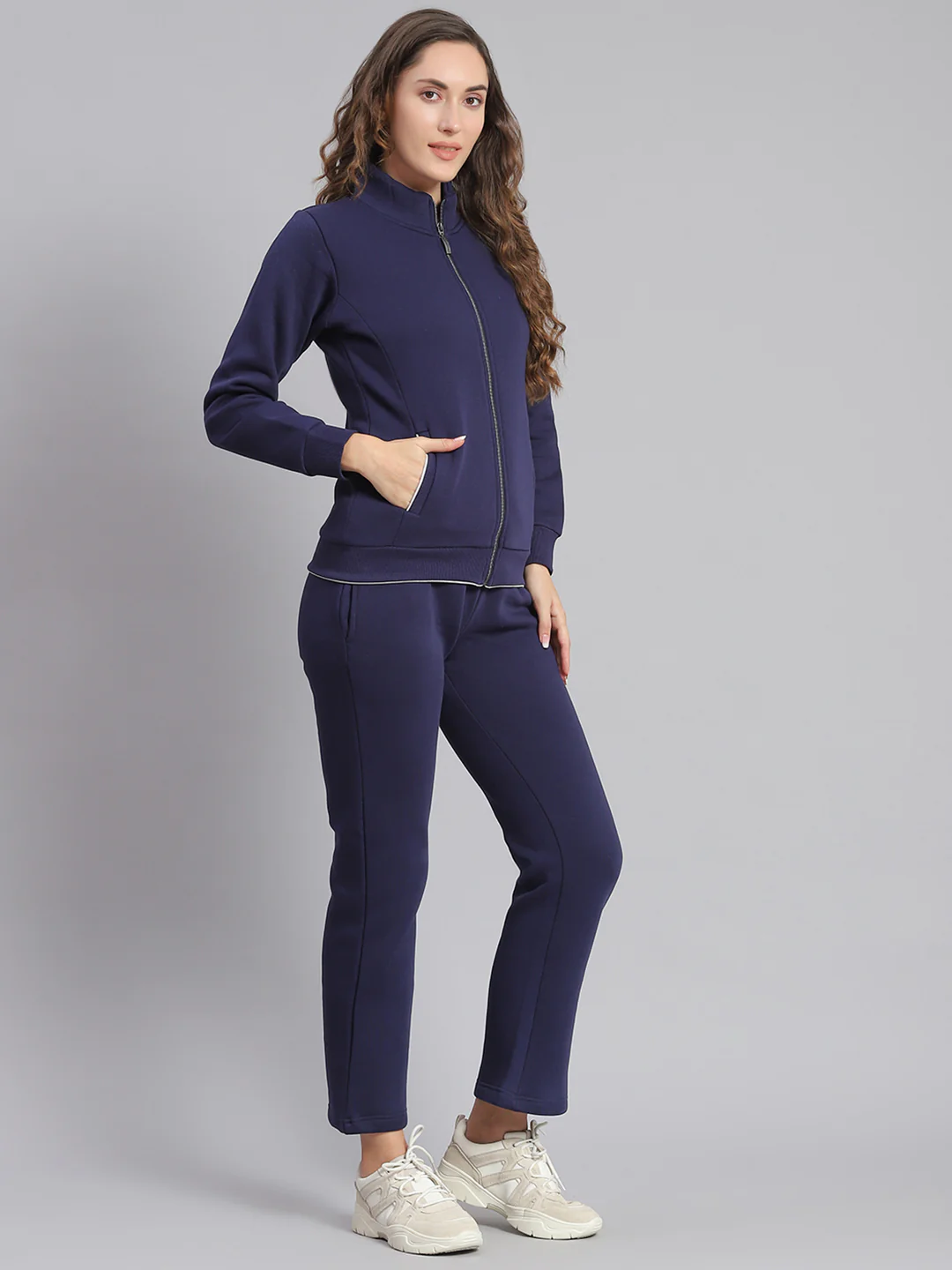 Women Purple Solid Stand Collar Full Sleeve Tracksuits - Image 4