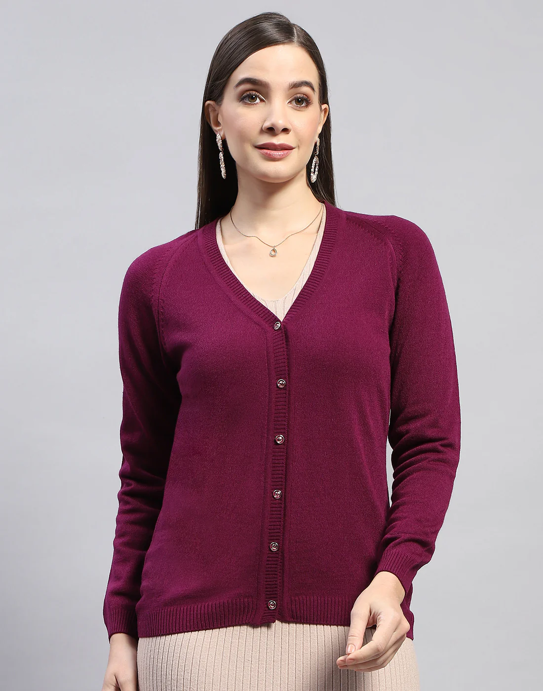 Women Purple Solid V Neck Full Sleeve Cardigan - Image 2