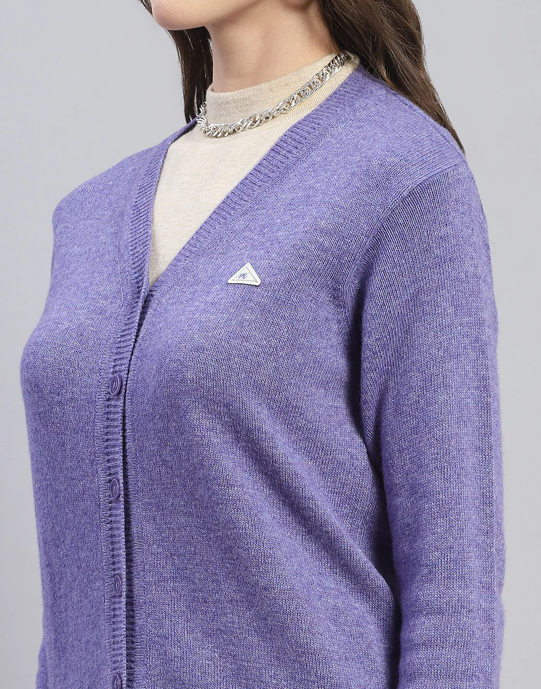 Women Purple Solid V Neck Full Sleeve Cardigan - Image 7