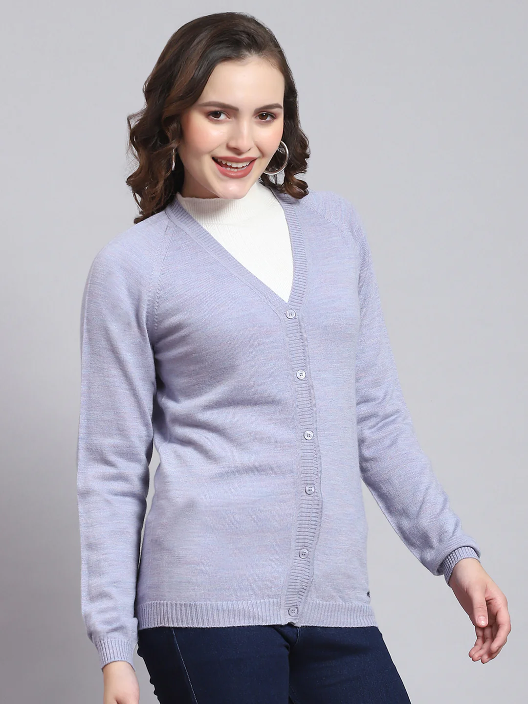 Women Purple Solid V Neck Full Sleeve Cardigan - Image 4