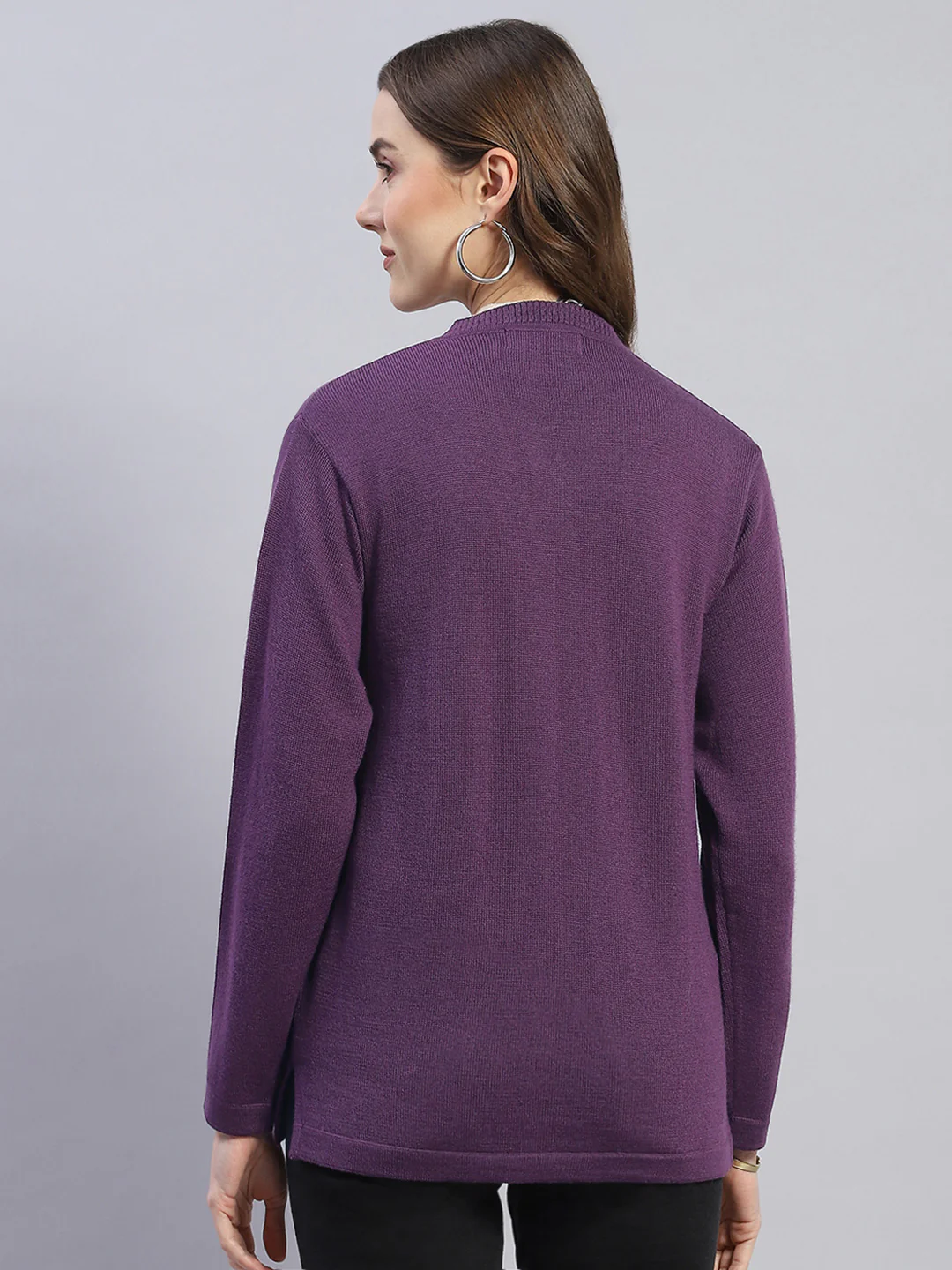 Women Purple Solid V Neck Full Sleeve Cardigan - Image 5