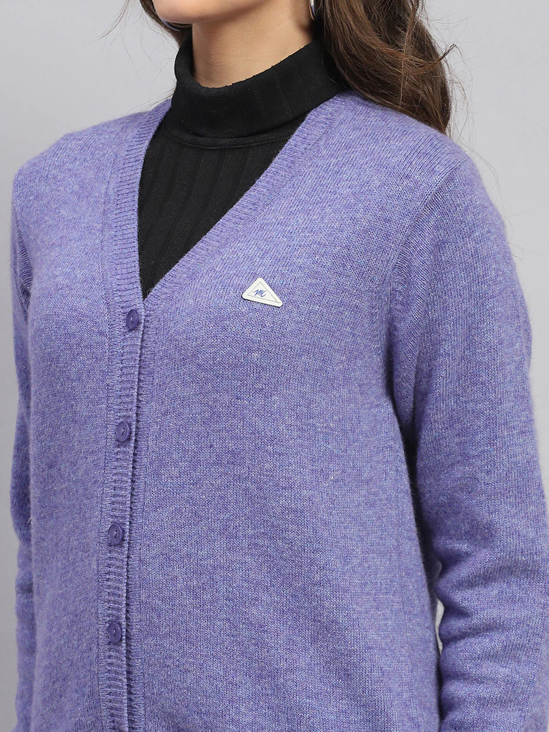 Women Purple Solid V Neck Full Sleeve Cardigan - Image 7