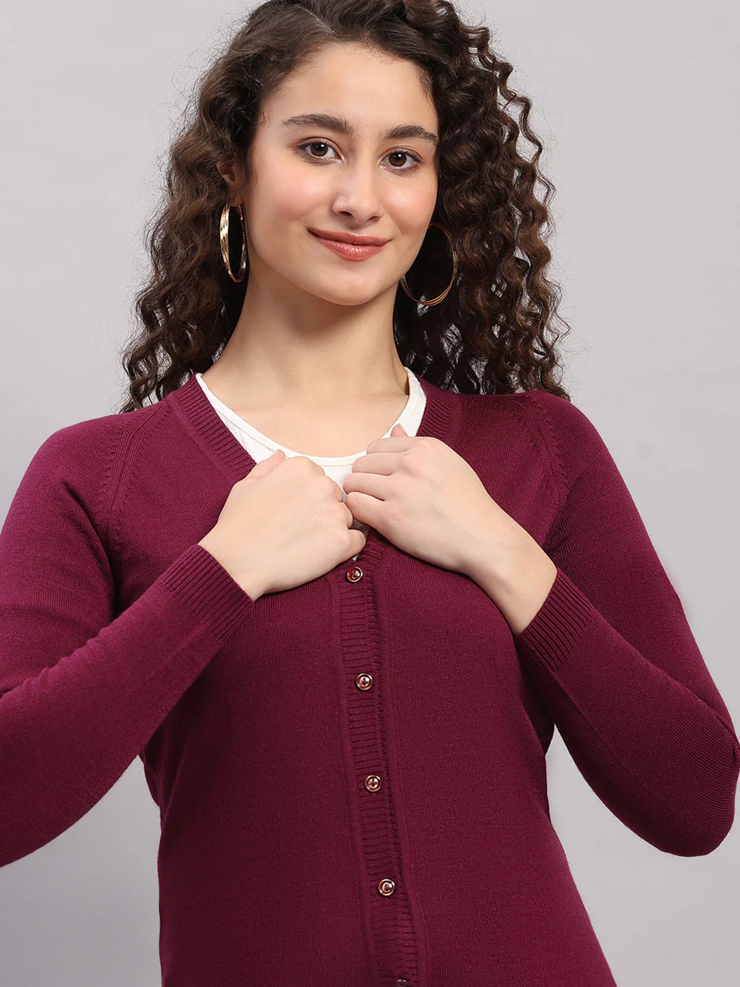 Women Purple Solid V Neck Full Sleeve Cardigan - Image 6