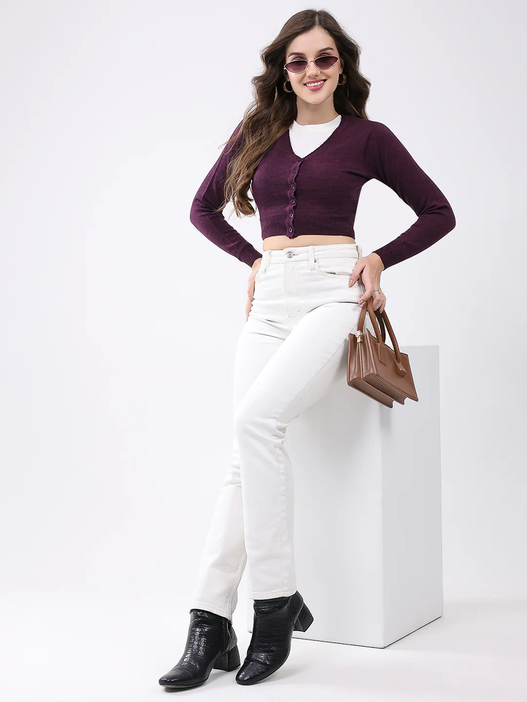 Women Purple Solid V Neck Full Sleeve Cardigan - Image 2