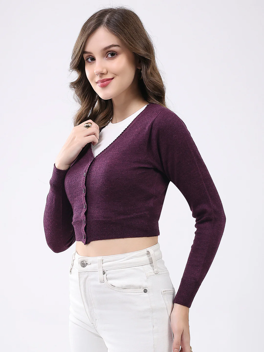 Women Purple Solid V Neck Full Sleeve Cardigan - Image 3