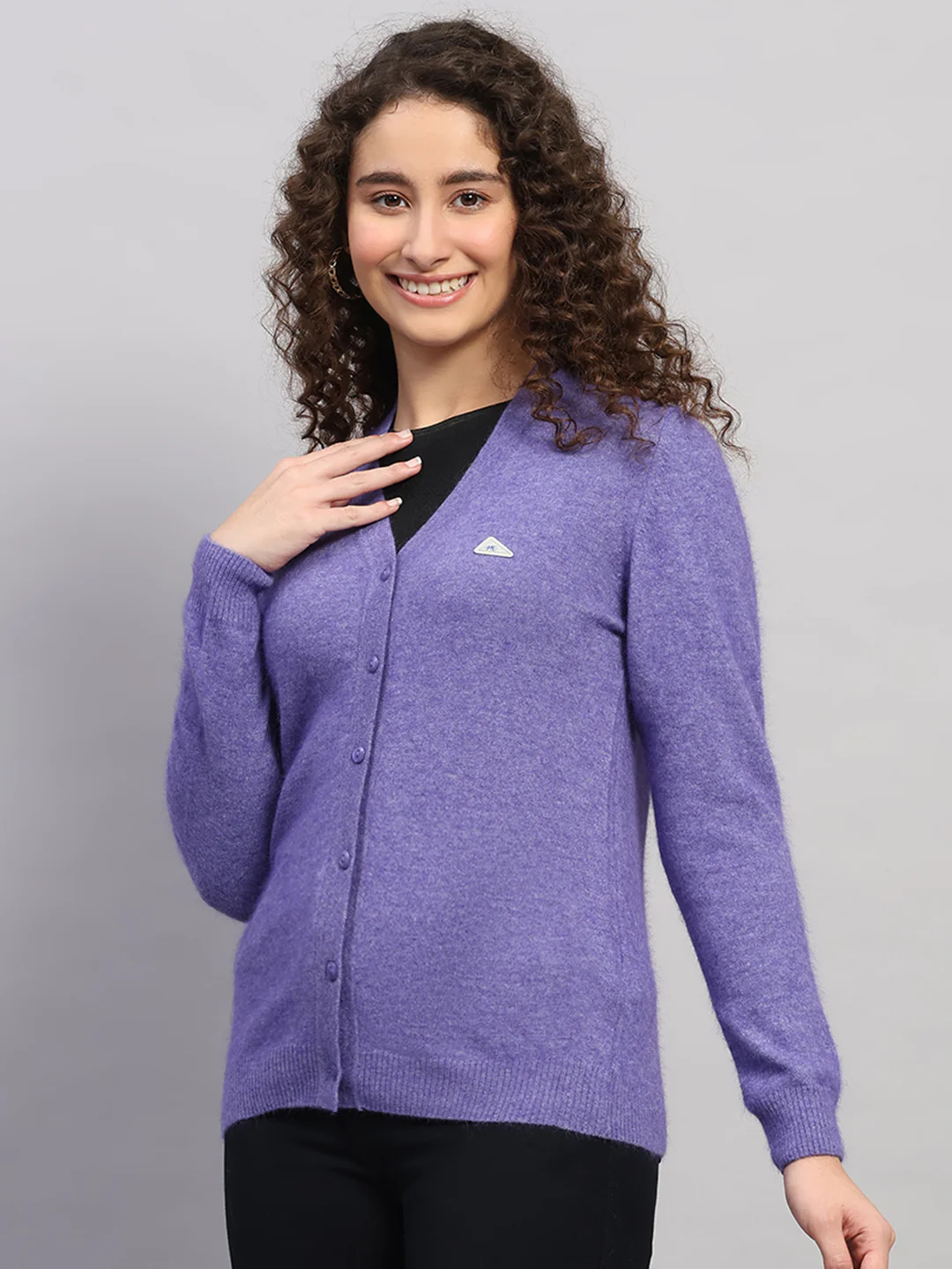 Women Purple Solid V Neck Full Sleeve Cardigan - Image 3