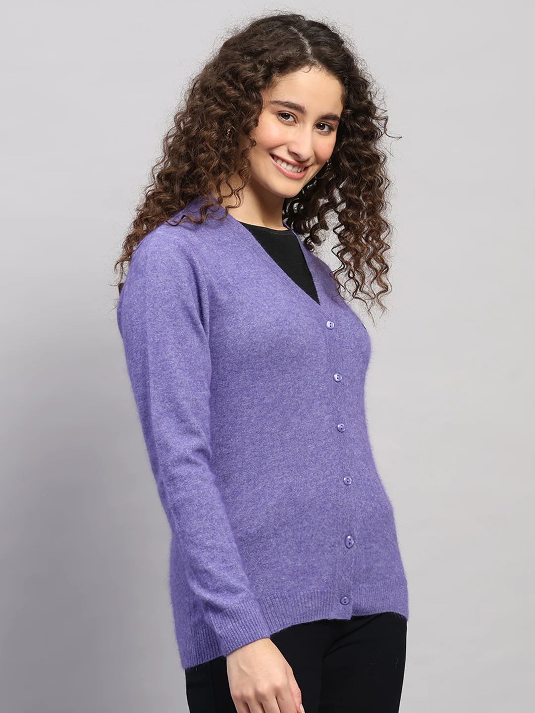 Women Purple Solid V Neck Full Sleeve Cardigan - Image 4
