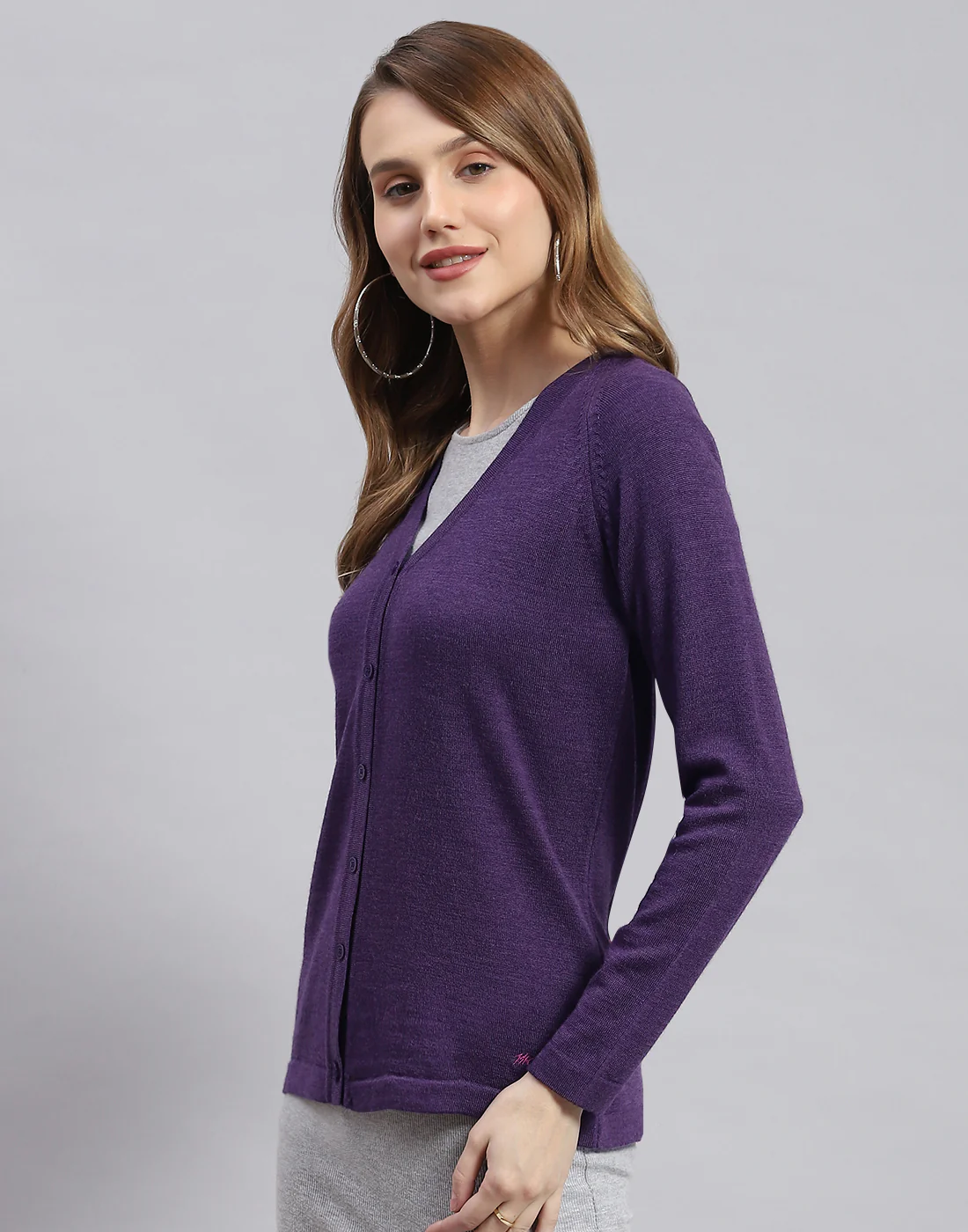 Women Purple Solid V Neck Full Sleeve Cardigans - Image 3