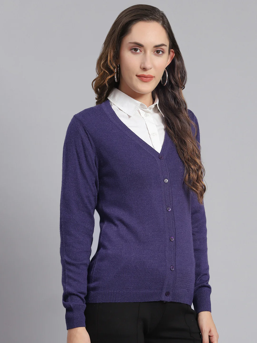 Women Purple Solid V Neck Full Sleeve Cardigans - Image 4