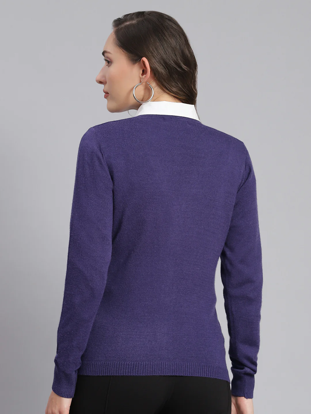 Women Purple Solid V Neck Full Sleeve Cardigans - Image 5